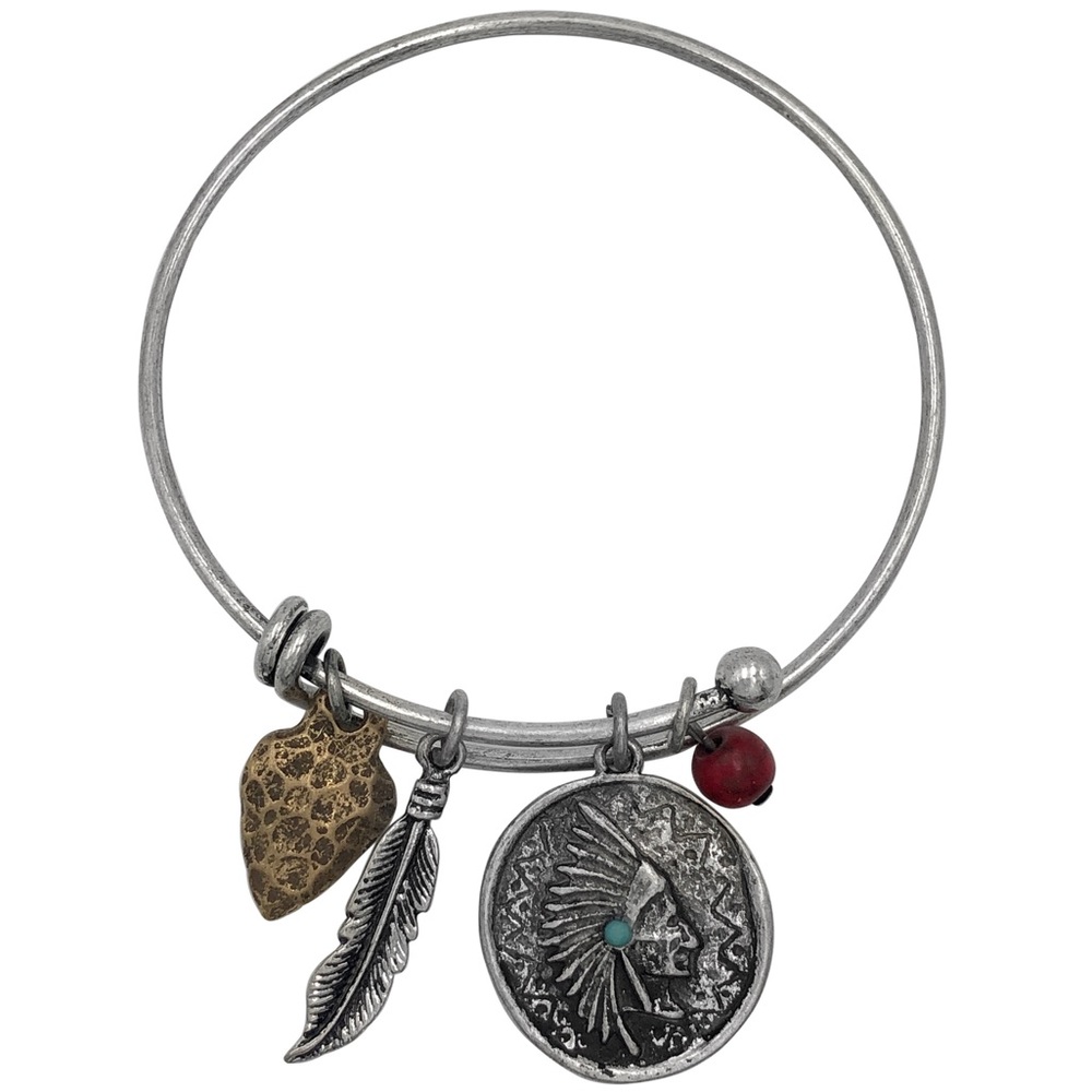 Southwestern Theme Native American Feather Arrowhead Charm Bangle Bracelet